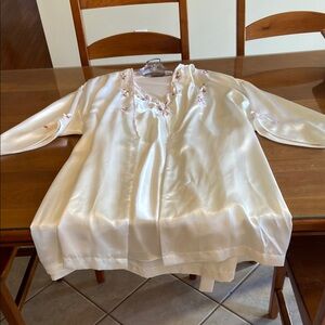 Elegant Cream Satin Chemise with Floral Details and Matching Robe.